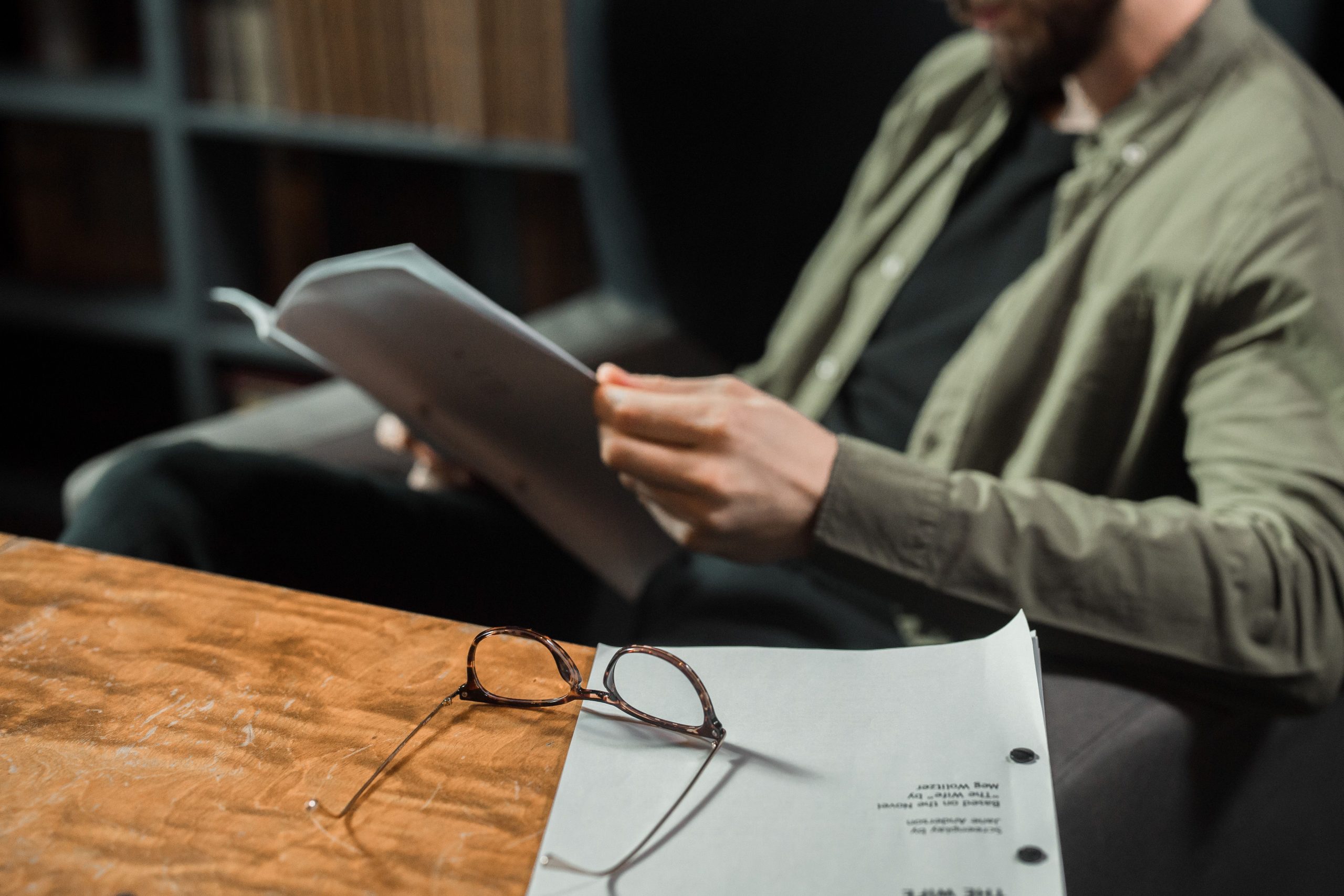 Actor reading and studying lines before a performance.